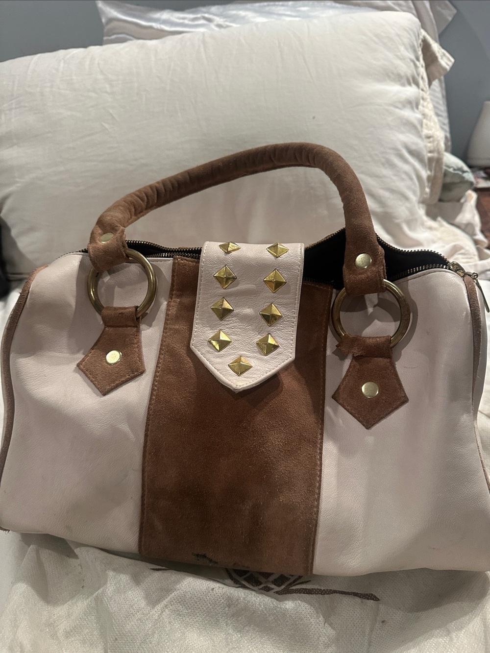 Cream and Brown Suede-Trim Studded Satchel
